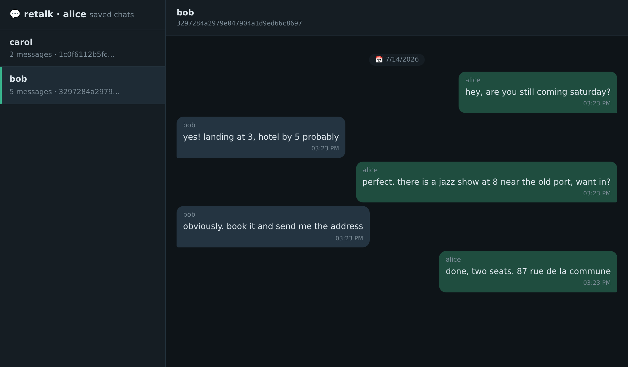 retalk show --web: a sidebar of conversations and a chat-bubble thread view